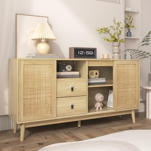 KAZZIO Sideboard mit 3 Schiebetüren aus echtem Rattan und 2 Schubladen, 155x38x80cm, atmungsaktiv, stabil und vielseitig (Holzfarbe)