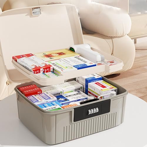 HIKENRI 9L Lockable Storage Box,Medicine Storage Box With Lid,Cell Phone Lock Box,Double Layers Combination Lock Box For Kitchen/Home/School/Personal/Travel/Office(Grey)