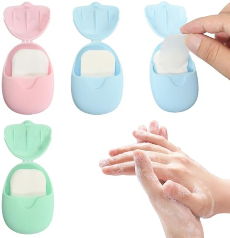 DecorDwell 3 Boxen Seifenblätter Tragbar, Reiseseifenblätter Handseifenblätter, Mini Seifen Blättchen, Seifenblättchen für Unterwegs Reisen Camping Wander, Grün Blau Rosa
