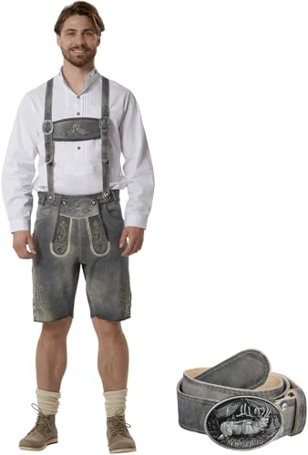 dressforfun Echtleder Lederhose Herren lang, Trachtenlederhosen für Herren, Trachten Lederhose Vintage Look Lederhosen mit Hosenträgern und Hornknöpfen, Trachtenhose Herren