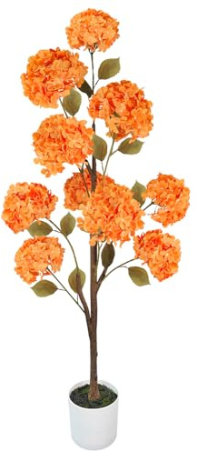 Luiywan Artificial Hydrangea Tree, Fall Tree for Outdoor Indoor Porch Entryway, Orange Flower Potted Fake Plants, Autumn Decoration for Home Office Party, Thanksgiving Halloween, 5ft