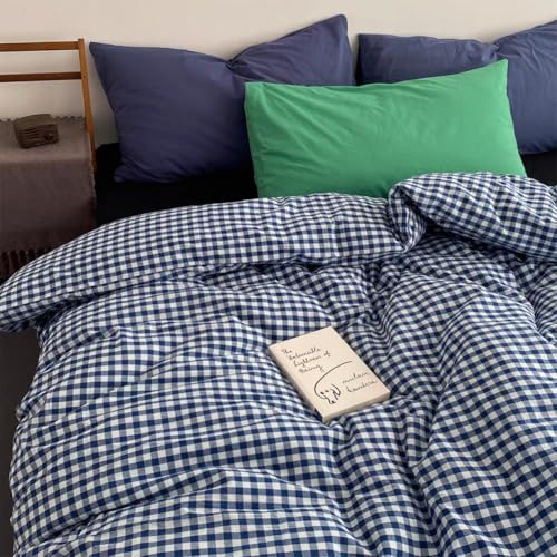 Bettwäsche 135x200 Kariert Dunkelblau Modern Bettbezug + Kissenbezug 40x80 | Bettwäsche Set 2 Teilig, Marineblau Geometrisch Karo, Landhausstil Karomuster, Aesthetic, Microfaser, Reißverschluss
