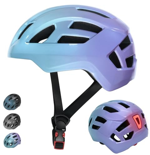 LIRENGUI Casco da bicicletta per bambini con luce posteriore per ragazzi e ragazze, luce posteriore ricaricabile di sicurezza, caschi con gradiente di colore per multi-sport (Blu Viola, M)