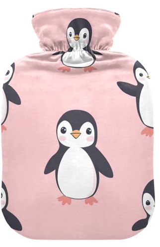 Wärmflasche mit weichem Bezug, 2 l Wärmflasche mit Cartoon-Pinguin, für Hand- und Fußwärmer, Schmerzlinderung, Rosa