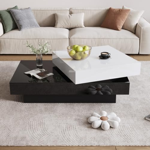 Merax Couchtisch 103x60 cm – Drehbarer Sofatisch mit 2 Ebenen, Zweifarbiges Design in Weiß und Schwarz, Hochglanz-Oberfläche, Moderner Beistelltisch mit Stauraum – Kaffeetisch, Teetisch