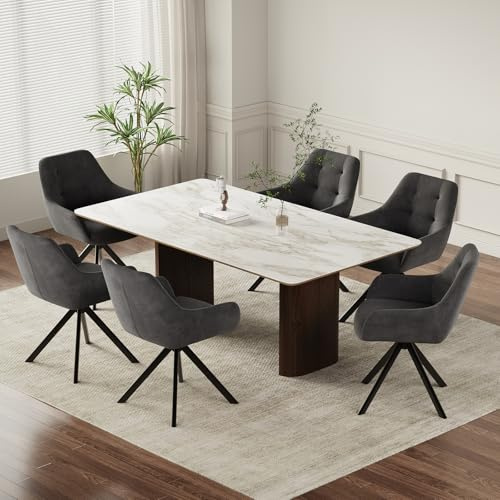 COLAMY Drehbare Esszimmerstühle 6er Set, Esszimmerstühle Drehbar mit Armlehne, Armlehnstuhl Drehbar mit Rückenlehne für Esszimmer, Stühle aus Weichem Florstoff mit Metallgestell für Küche, Grau