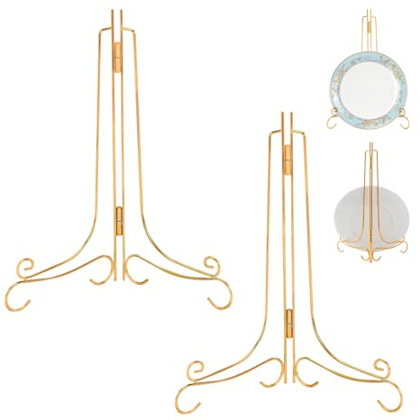 HMIEPRS 2Pcs Foldable Plate Stands for Display, 12 Inch Iron Easel Rotating Display Stand, Tabletop Plate Holder Picture Stand for Display Decorative Plates Photo Frames Cookbooks Art, Gold