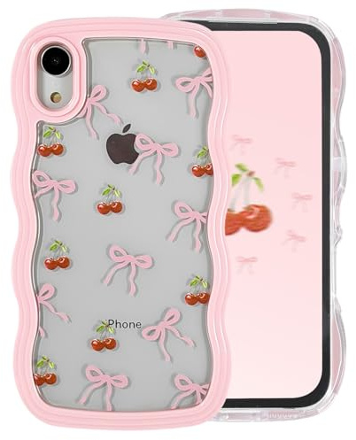 Draamvol for iPhone XR Case Cute Curly Wave Frame Clear Phone Case Shockproof Pink Hard PC Bumper Soft Anti-Yellowing TPU Silicone Cover for Women Girls, Bow Cherry