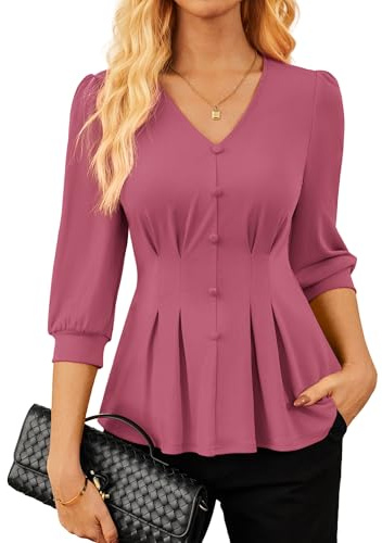 GRACE KARIN Bluse Damen Elegant Rüschen Tops Business Arbeit Büro Outfits | V-Ausschnitt,Dreiviertel-Puffärmel,Strickstoff mit Stretch,Zierknöpfe,Schlupfmodell,Feste&Büro&Freizeit