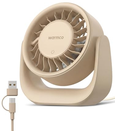Warmco USB Desk Fan, 3-Speed Touch Control, 2-in-1 USB-A & USB-C Powered (No Battery), 120° Tilt Adjustable, Removable Cover, Compact Table Fan for Home Office Dorm, White