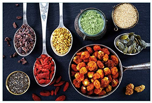 Wallario Küchenrückwand selbstklebend 90 x 60 cm, Motiv: Gesunde Superfoods in Töpfen | Spritzschutz abwischbar & pflegeleicht