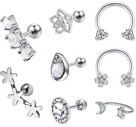 Mayhoop 8Pièces 16G Piercing Oreille Tragus Helix Cartilage Acier Chirurgical Opale Marbre Fleur Clou d'Oreille Bijoux de Piercing Argent