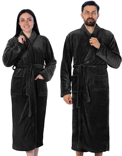Gräfenstayn® Damen & Herren Kuschelfleece Bademantel ohne Kapuze mit Öko-Tex Standard 100 in Größe S-XXXL (L, Schwarz)