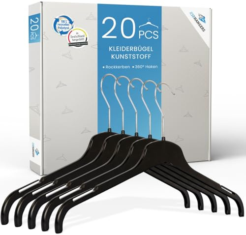 RSR Hangers Kleiderbügel TU 47 aus Kunststoff 20 Stück - Schwarzer Haken - platzspar - 360° drehbarer Haken - Hemdenbügel - Blusenbügel - Jackenbügel - schwarz - schneller Versand