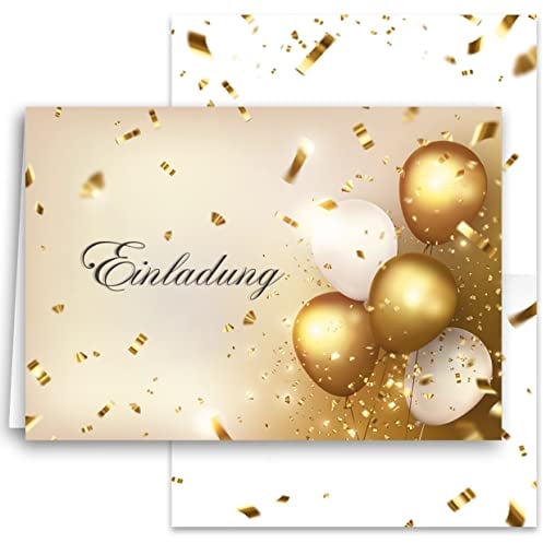 10x Einladungskarten Gold Luftballons mit passenden Umschlägen Klappkarten Einladung Erwachsene Party Geburtstag Umschläge elegant Hochzeit Jubiläum 20 30 40 50 60 70 80 90 Luftballon