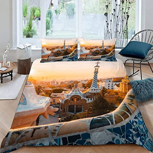 Bettwäsche 135×200 3D-Digitaldruck 3-teilig Barcelona Bettwäsche-Sets Kinder Mikrofaser mit Reißverschluss Sonnenaufgang Sonne Soft Jungen Mädchen Bettwaren Bettbezug mit 2 Kissenbezug 80x80 cm