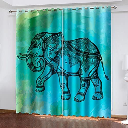 Vorhang Blickdicht Ösen Thermo Verdunkelungs Polyester Gardinen 2 Stück 3D Blauer Kunstelefant Für Schlafzimmer Wohnzimmer Kinder Oder Babyzimmer 140(B) X160(H) cm - Bedruckte Verdunkelungsvorhänge