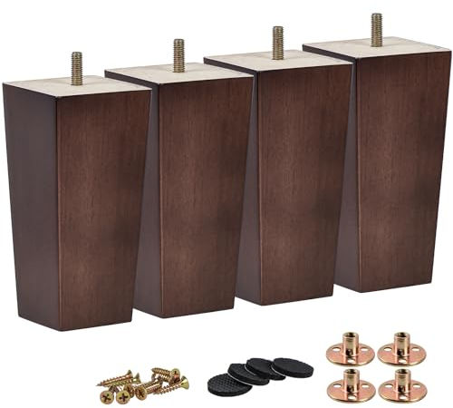 TCHOSUZ 12 Inch / 30 cm Wooden Furniture Legs, Set of 4 Solid Wood Mid-Century Modern Pyramid Replacement Feets with M8 Hanger Bolt & Rubber Floor Protectors for DIY Ottoman TV Stand Walnut