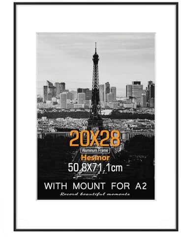 Hesmor Picture Frames 50cm x 70cm Frame Aluminum Acrylic Picture Frames in Black, 20 x 28 inch Size Photo Frames with Clear Plexiglass for Wall Mounting, Single Poster Frames with Mat for A2