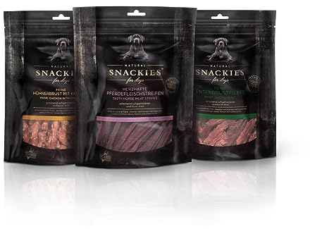 SNACKIES Schnupperset 3er Pack (à 170/180g) Ente, Huhn/Karotte, Pferd - Premium Snacks für Hunde ohne Zusatz von Getreide, Zucker, Farb-, Aroma- und Konservierungsstoffe, Leckerli
