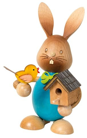 Drechslerei Kuhnert Osterdekoration/Osterhase „Stupsi Hase mit Vogelhaus“ 11 cm, aus feinstem Holz, für EIN Bezauberndes Osterfest oder eine dauerhafte Dekoration, Holzkunst Made in Germany