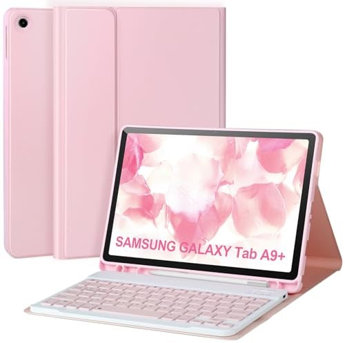 Keyboard Case for Samsung Galaxy Tab A9+/Plus 11’’ 2023(SM-X210/X216/X218),Case with Keyboard for Samsung Tab A9+ with S Pen Holder,Detachable Bluetooth Keyboard for samsung A9 +Auto Wake/Sleep,Pink