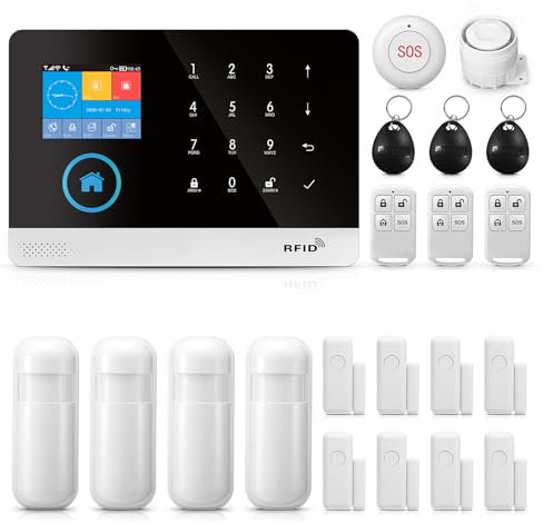 Clouree GSM Drahtloses GSM Home-Sicherheitsalarm-Kit, WiFi-Heimalarmsystem mit Sirene, PIR-Bewegungssensor, Fernbedienungen, Fenster-/Türsensor, Unterstützung für SMS-Push-/APP-Verbindungsalarm