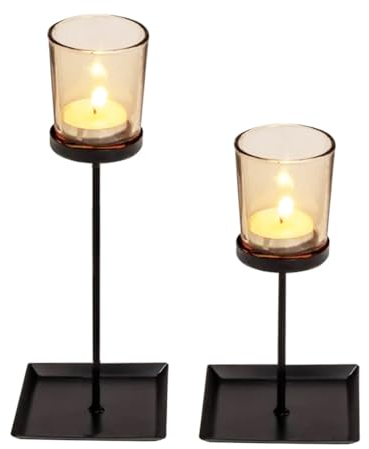 Virsus 2 Portacandele a Colonna 5110, Misura 9x9x17/22 cm, Struttura Metallo Nero con Bicchiere in Vetro per candela TeaLight, per Regali, Eventi (1 Set)