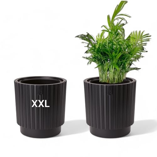 Pot de fleurs rond avec insert amovible avec rainures moderne (noir, taille XXL - 40 cm)