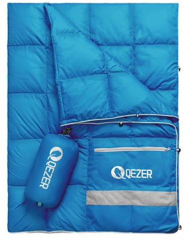 QEZER Daunen Campingdecke, ultraleichte Reisedecke für Outdoor und Indoor Camping, Wandern, Autoreisen, Flugreisen, Garten,Hängematte,kann als Kissen verwendet Werden (Blau)