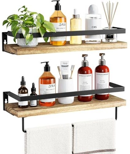 HASA zone set di 2 Legno Mensole da Muro, Mensole Bagno con Porta Asciugamani, Mensole da Parete per Cucina, Bagno, Soggiorno, Studio