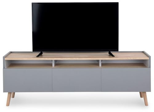 IDIMEX Meuble TV SKANDI L 150 cm en Bois Style Scandinave - pour téléviseur jusqu'à 65 - Gris avec 3 Portes et Compartiments - Meuble Cuisine Rangement