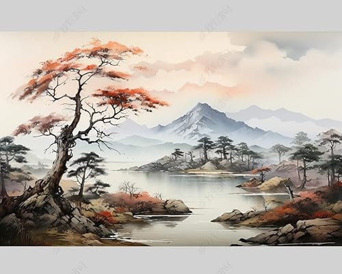 MZOwallpaper Papier Peint Intissé Encre De Chine Paysage Naturel Poster Tableaux Muraux Tapisserie Photo Trompe L'Oeil Salon Chambre Art Mural 200Cm(L) X140Cm(H)