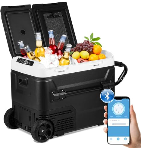 Hebitod Kompressor Kühlbox elektrisch,50L Auto Kühlbox,Doppeltür Doppelzone Auto Kühlschrank,mit App-Steuerung, (Schwarz Weiß) für Auto,Lkw,Reisemobil,Camping