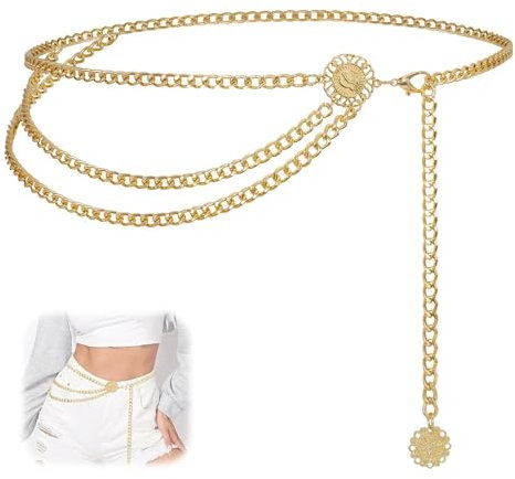 AzureRay Ceinture Dorée Chaîne Multicouche pour Femmes, Taille Ventre Réglable Ceinture Chaine Dorée Élégante pour Jeans & Robes, Style Western Cowgirl