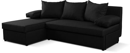 NAWSTOL – Schlafsofa JAN mit Bettfunktion, 2 Bettkästen, Ecksofa, Couch, Soffa, Bettsofa, Couchgarnitur, (Links/rechts), große Farbauswahl (Schwarz)