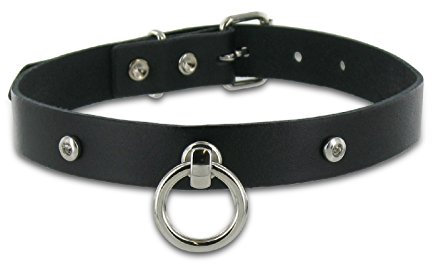 SiaLinda: Halsband echtes Leder schwarz mit 2 Straß - Kristallen und großem O-Ring 20mm, Geschenkverpackung
