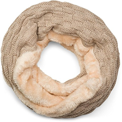 styleBREAKER warmer Feinstrick Loop Schal mit Flecht Muster und sehr weichem Fleece Innenfutter, Schlauchschal, Unisex 01018150, Hellbraun, Einheitsgröße