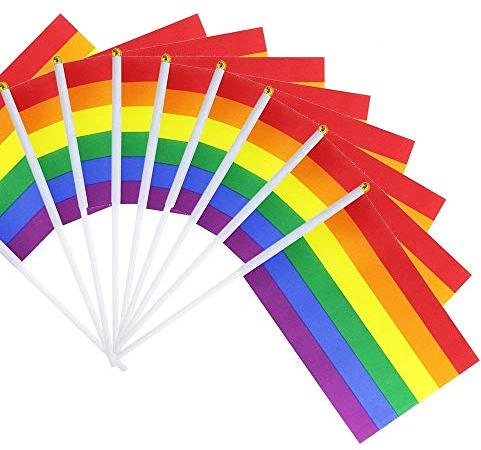 SUNREEK Regenbogen Pride Homosexuell Stick Flagge, 50 Pack Kleine Mini Hand LGBT Fahnen auf Stöcken, Dekorationen Zubehör für Karneval, Gay Pride Rainbow Party