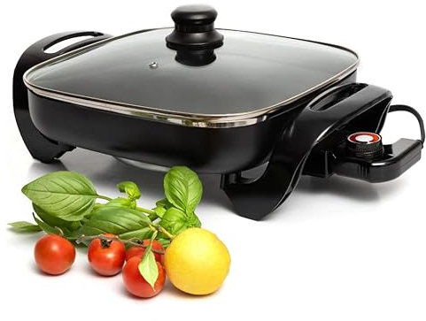 Moss & Stone - 12 inch aluminum nonstick square electric frying pan with 2 layers of non-stick coating, adjustable temperature control, steam vented lid and handle