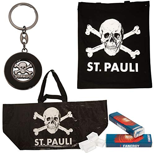 FC St. Pauli Einkaufsset Stoffbeutel Bio Einkaufstasche Recycling Schlüsselanhänger Einkaufschip Schwarz + Fanergy Traubenzucker