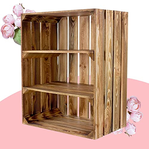 Kontorei geflammte/verbrannte Obstkiste mit 2 Böden Quer 50cm x 40cm x 30cm 1er Set Regal Holzkiste Holzregal