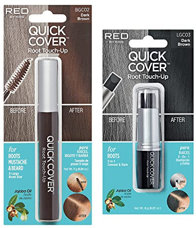 RED by Kiss Quick Cover Gray Hair Touch Up, Root Touch Up, Moisturize and Shine, Brush Type & Stick Type Set (Dark Brown)