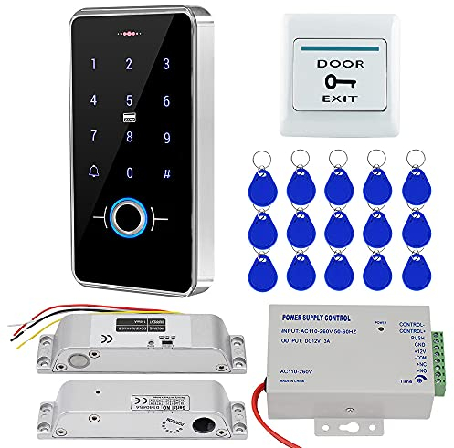 KUMU Biometric Access Control System 13.56MHz IP68 Waterproof Keyboard + Power Supply + Electric Lock + 15pcs Complete Set of Key Rings for Home Security (with Drop Bolt Lock)