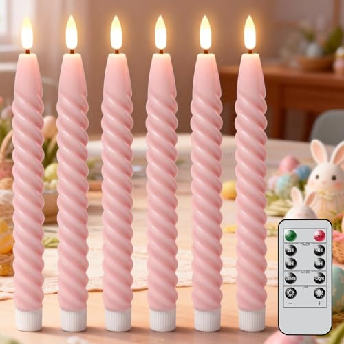 Lasumora Pink Flameless Taper Candles Flickering with Remote Timer | LED Spiral Taper Candles, Flameless Candlesticks, Battery Operated, Real Wax, Christmas Decor, Wedding Home Decor, 9.8 Inch