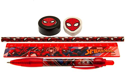Pyramid Europe Spider-Man 5-tlg. Schreibset - enthält Kugelschreiber, Bleistift, Lineal, Anspitzer, Radiergummi und Federmäppchen (Web Strike Design) - Offizielles Lizenzprodukt