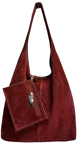 Modarno Umhängetasche Damen Wildleder Clutch Umhängetasche Shopper Damen Echt Leder, bordeaux