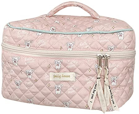 Grande trousse de maquillage matelassée Coquette - Trousse de maquillage de voyage pour femme - Pochette de maquillage matelassée - Esthétique - Trousse de toilette, C03-Lapin rose, 26