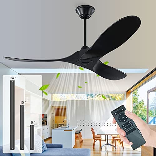 MSHENUED 60 Wooden Ceiling Fan, Modern Black Ceiling Fans with Remote, 3 Blade Indoor/Outdoor Ceiliing Fan Reversible DC Motor Quiet Energy Saving, Timing Function