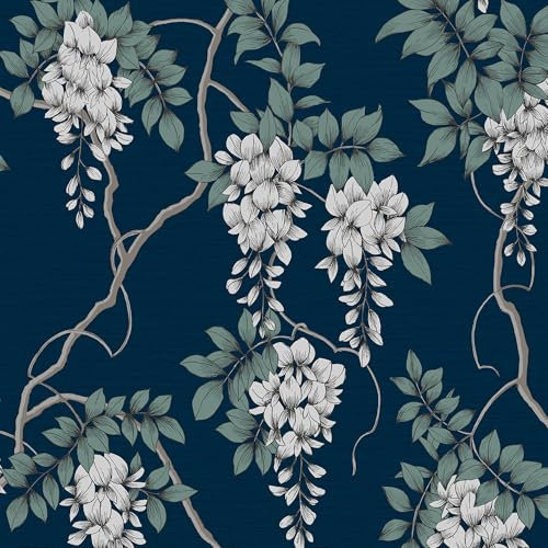 Superfresco Easy Navy Wisteria Floral Wallpaper | Paste The Wall | Navy Floral| Eco-Friendly